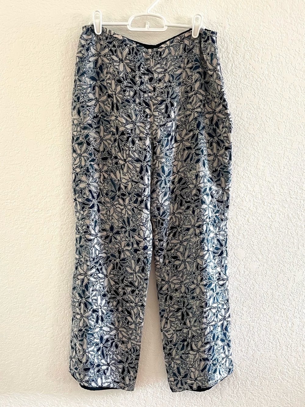 Vintage Sigrid Olsen Rayon Flowy Blue and White Wide-Leg Floral Hawaiian Pants